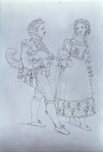 Kostymedesign for Figaro og Susanna fra operaen "The Marriage of Figaro" av Wolfgang Amadeus Mozart (1756-91) (gravering) av Austrian School
