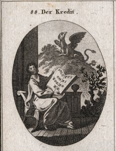 Kreditt allegori som holder en bok med inskripsjonen "" Solutus omni foenore"" (Fri fra en seier av alle). I bakgrunnen et griffon-symbol for bevaring og bevaring av tresorene. Gravering i "" Iconologie oder Ideen aus dem Gebiete der Leiden av Austrian School