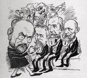 Emile Zola prøver å låse opp låsene som lukker munnen til presidentene Jean Casimir-Perier (1847-1907) og Felix Faure (1841-1899) samt presidenten for rådet Jules Meline (1838-1925), mens han er i bakgrunnen, Henri Rochefort (1831-1913) fortalte Com av Austrian School