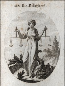 Egenkapital allegori som holder to vekter i samme høyde. Hennes egenskap er overflodens horn for å vise at hun belønner med godhet etter å ha ryddet riktig. Gravering i "" Iconologie oder Ideen aus dem Gebiete der Leidenschaften und Allegorien bildic av Austrian School