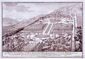Storslåtte hager og palass til Baron de Huldenburg, bygget av ham i Widlingsau, 1719 av Austrian School