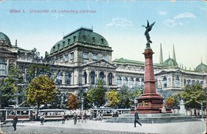 Postkort som viser universitetet i Wien og Liebenberg-monumentet, ca. 1915 av Austrian School
