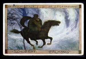 Postkort som illustrerer sangen «Erlkonig» av Franz Peter Schubert (1797–1828), tidlig på 1900-tallet (fargelitografi) av Austrian School