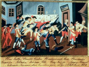 Arrestasjonen av Albrecht von Wallenstein (1583-1634) ved Eger av en styrke av irske og skotske offiserer under kommando av general Butler av Austrian School