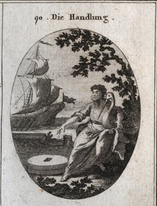 Trade allegory. At his feet two mills are placed on each other and he holds a stork in his arms. Its two attribute mean that mutual aid is the strength of trade. Deep down, a vogue vessel has full sail. Engraving in “” Iconologie oder Ideen aus dem Gebiete av Austrian School