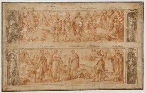 To friser, den ene over den andre, med scener fra Romas tidlige historie av Avanzino Nucci