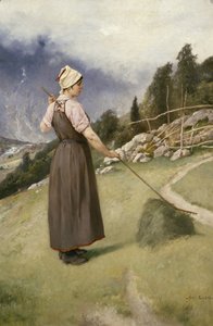 Jente som raker høy (olje på lerret)