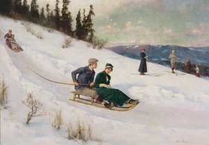 Kjelkekjøring og ski (olje på lerret)