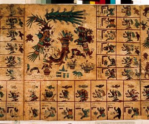 Representasjon av aztekiske guder og bokser som tilsvarer kalenderen. Side av det aztekiske manuskriptet på bark "Codex Borbonicus"", precolombiansk urfolkskodeks i det sentrale Mexico, sent på 1400-tallet. Nasjonalforsamlingens bibliotek (Palais Bourbon). av Aztec