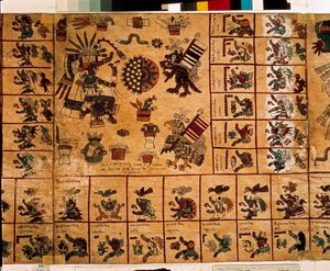 Representasjon av aztekiske guder og bokser som tilsvarer kalenderen. Side av det aztekiske manuskriptet på bark "Codex Borbonicus"", precolombiansk urfolkskodeks i det sentrale Mexico, sent på 1400-tallet. Nasjonalforsamlingens bibliotek (Palais Bourbon). av Aztec