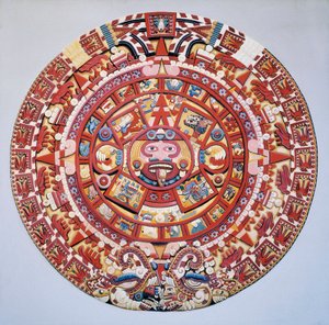 Pre-columbiansk sivilisasjon: Aztec-kalenderen (Stone of the Sun): plate som representerer den aztekiske kalenderen og kosmogonien (Tonalpohualli) av Aztec Aztec