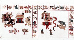 Den aztekiske guden Cihuacohuatl representert i et hieroglyfisk manuskript, piktogrammer. av Aztec Aztec