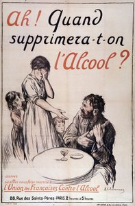 Alkoholisme: "Når vil alkohol bli fjernet?" c. 1910 (litografi) av B. Chavannaz