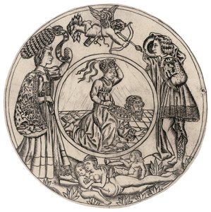 Aristoteles og Phyllis, omgitt av en ung mann og kvinne med Eros, og liggende naken kvinne med to barn, andre halvdel av 1400-tallet