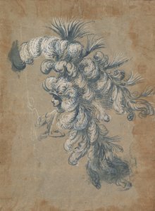 Design for en overdådig hodeplagg med fjær, ca. 1620-56.