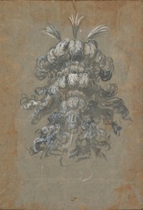Design for en overdådig hodeplagg med fjær på en hjelm sett forfra, ca. 1620-56.