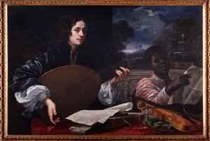 Portrett av lutspiller med svart sanger Maleri av Baldassarre Franceschini dit Volterrano