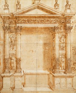 Design for et alter med et pedimentert tabernakel støttet på sammenkoblede korintiske statuer av Saint Lucy, Saint Agnes, Saint Ansanus og Saint Stephen i nisjer mellom disse