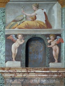 Sala delle Prospettive Hall of Perspective detalj av trompe loeil nisje som viser gudinnen Juno med en påfugl, freskomaleri fra 1518-19