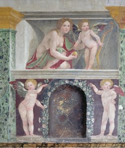 The Hall of Prospective Hall of Prospective detalj av trompe loeil nisje som viser Venus og Amor, freskomaleri fra 1518-19