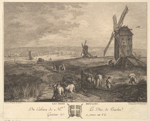 De tre vindmøllene Les Trois Moulins etter et maleri i samlingen til Duc de P..., 1772