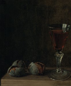 Et glass vin med valnøtter på et bord av Balthasar Denner
