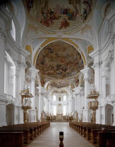 Innvendig utsikt over klosterkirken av arkitekt Johann Balthasar Neumann (1687-1753) Neresheim, Tyskland