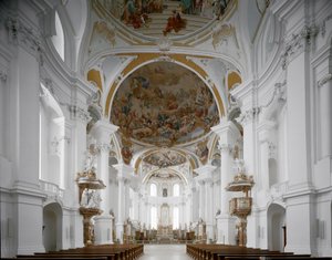 Innvendig utsikt over klosterkirken av arkitekt Johann Balthasar Neumann (1687-1753) Neresheim, Tyskland