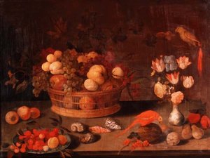 Et stilleben med fersken, epler og druer i en kurv, blomster i en kinesisk vase og to papegøyer på et bord av Balthasar van der(follower of) Ast