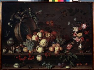 "Stilleben med frukt, blomster og papegøyer" (også kalt "Stilleben med frukt, skjell og insekter") Maleri av Balthasar van der Ast (1593/4-1657 ) rundt 1620 Dim. 75x104 cm Ermi Museum av Balthasar van der Ast
