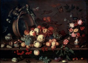 Stilleben med frukt, blomster og papegøyer, 1620-tallet av Balthasar van der Ast