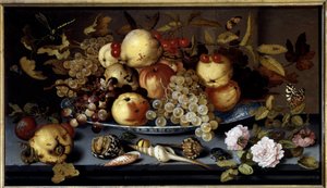 Stilleben av frukt, blomster, skjell og insekter. Maleri av Balthasar Van Der Ast (1590-1656) Ec. Hol