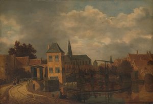 Utsikt over byen Haarlem, tatt fra Spaarne-elven, som viser Eendjespoort av Balthasar van der Veen