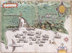 Visningsplan for Santiago, Kapp Verde-øyene, som viser Sir Francis Drakes angrep på det spanske fortet 17. november 1585, ca. 1588-9