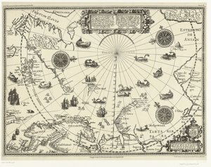 Kart over landene rundt polarsirkelen med nederlendernes tre seilaser i 1598 av Baptista van (after) Doetechum