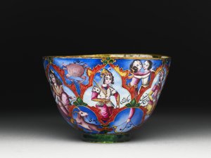 Skål med lokk, tallerken og skje med astrologisk dekorasjon, tidlig 1800-tall av Baqir