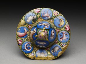 Skål med lokk, tallerken og skje med astrologisk dekorasjon, tidlig 1800-tall
