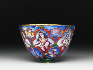 Skål med lokk, tallerken og skje med astrologisk dekorasjon, tidlig 1800-tall