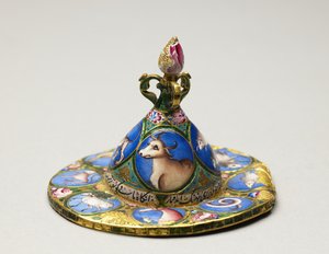 Skål med lokk, tallerken og skje med astrologisk dekorasjon, tidlig 1800-tall
