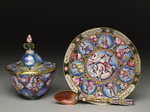 Skål med lokk, tallerken og skje med astrologisk dekorasjon, tidlig 1800-tall