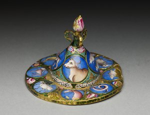 Skål med lokk, tallerken og skje med astrologisk dekorasjon, tidlig 1800-tall