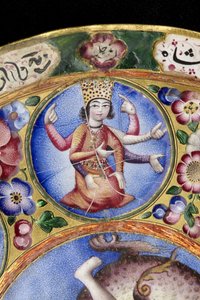 Skål med lokk, tallerken og skje med astrologisk dekorasjon, tidlig 1800-tall