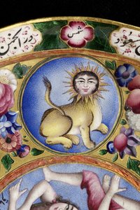 Skål med lokk, tallerken og skje med astrologisk dekorasjon, tidlig 1800-tall