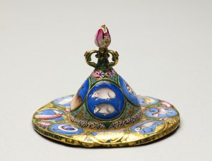 Skål med lokk, tallerken og skje med astrologisk dekorasjon, tidlig 1800-tall