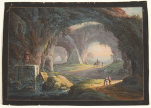 Et fantasilandskap med eldgamle ruiner og figurer av Barbara Dietzsch