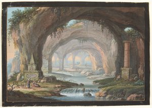 Landskap med gjennomhullede grotter, gravmonumenter, en elv og figurer av Barbara Dietzsch