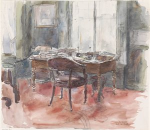 Skrivebordet i Mr. S. van Houtens arbeidsrom, i huset i Riouwstraat 6, i Haag