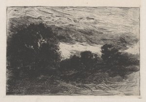 Landskap med trær og stormfull himmel