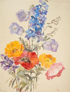Gule, røde og blå blomster (akvarell og grafitt på lagt papir)