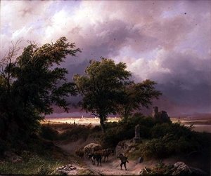 Et skogkledd landskap med en fjern utsikt over Cleve (olje på lerret) av Barend Cornelis Koekkoek